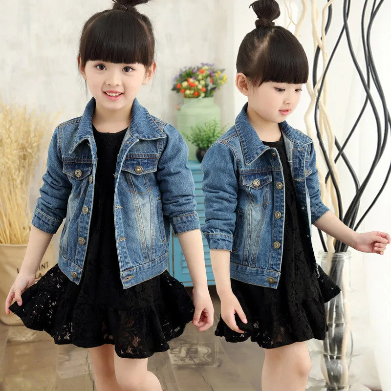 Children girls ripped denim jacket in dark blue cotton with hood, available in multiple sizes