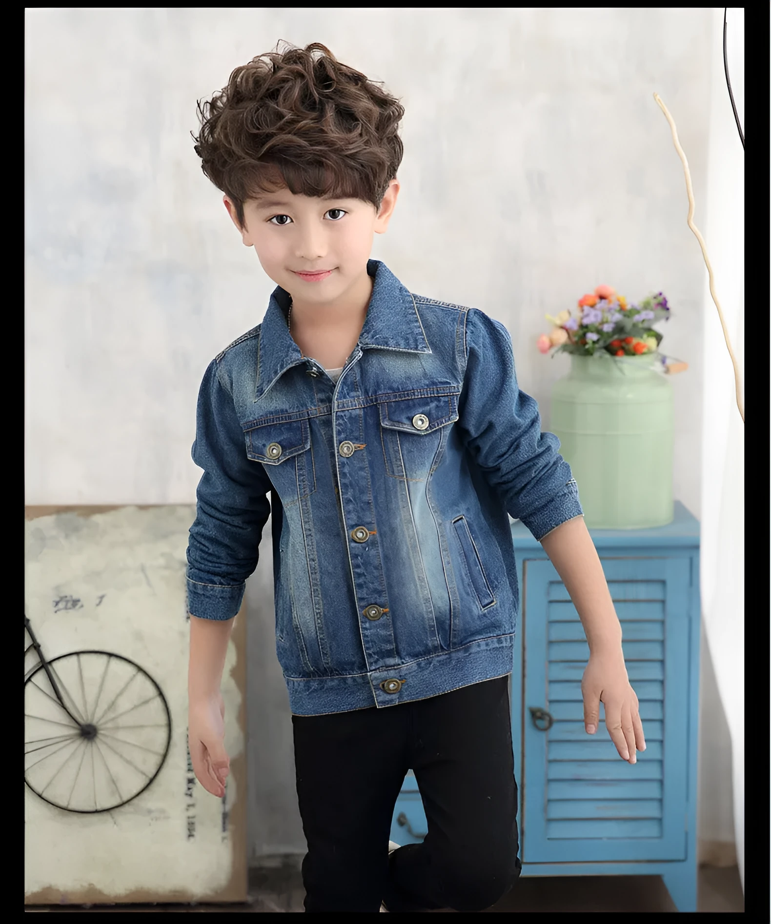 Children girls ripped denim jacket in dark blue cotton with hood, available in multiple sizes