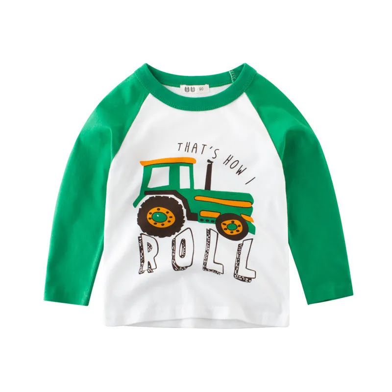 Children's long sleeve t-shirt with car pattern in green, soft fabric, neutral fit for boys and girls ages 3-8