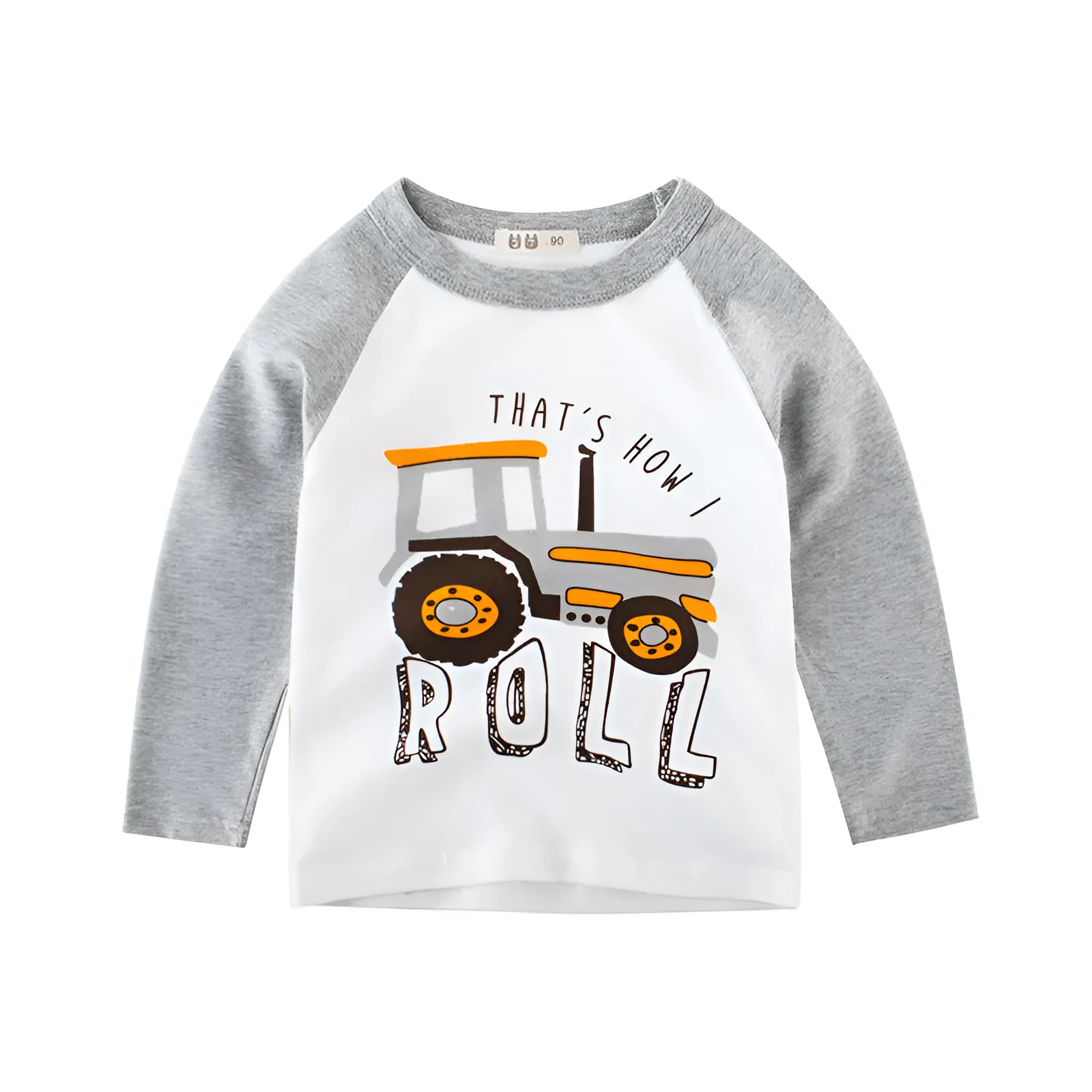 Children's long sleeve t-shirt with car pattern in green, soft fabric, neutral fit for boys and girls ages 3-8