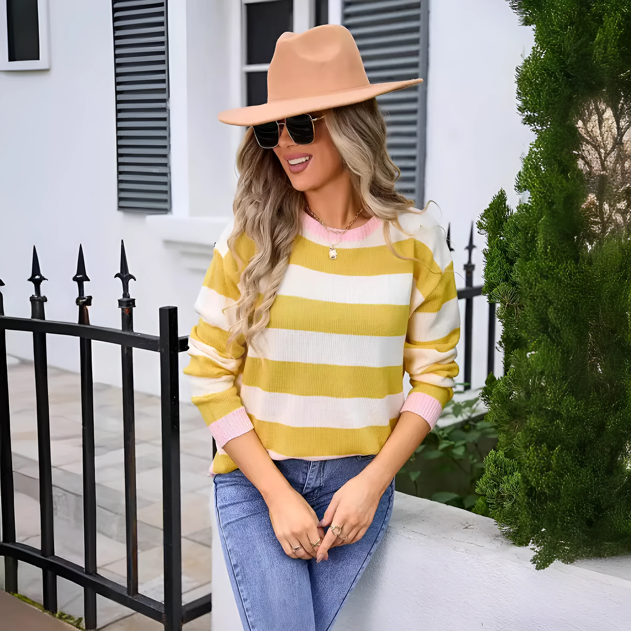 Women's loose blue striped acrylic knit sweater with long sleeves on a hanger.