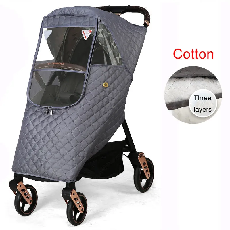 Linen waterproof stroller rain cover in Grey fitted to a baby carriage