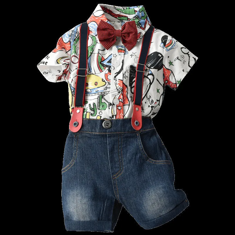 White cartoon trouser suit set for infant includes romper or shirt and pants short sleeves no hood summer style