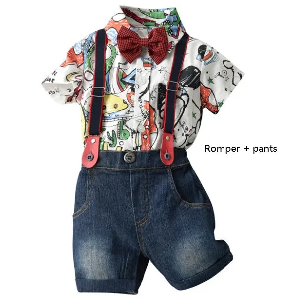 White cartoon trouser suit set for infant includes romper or shirt and pants short sleeves no hood summer style