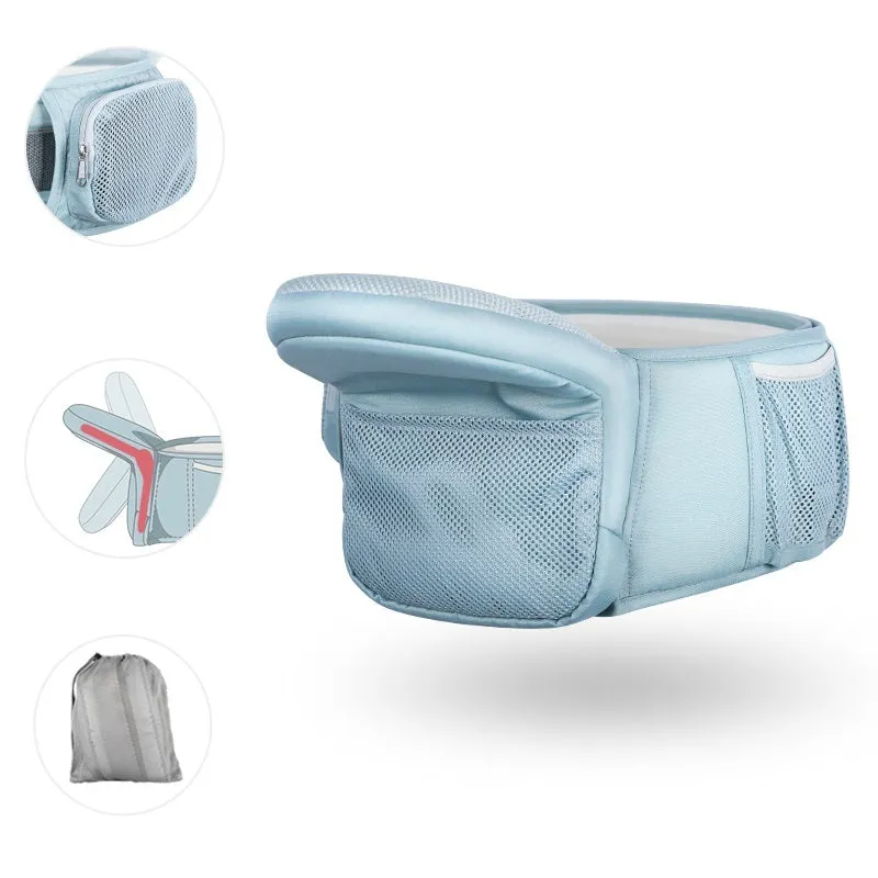 Multi-functional baby waist stool in Advanced Grey, cotton fabric, folded on waist band, for ages 0-36 months