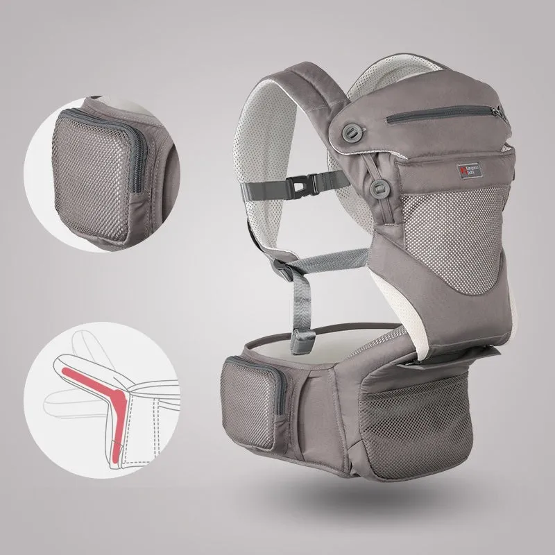 Multi-functional baby waist stool in Advanced Grey, cotton fabric, folded on waist band, for ages 0-36 months