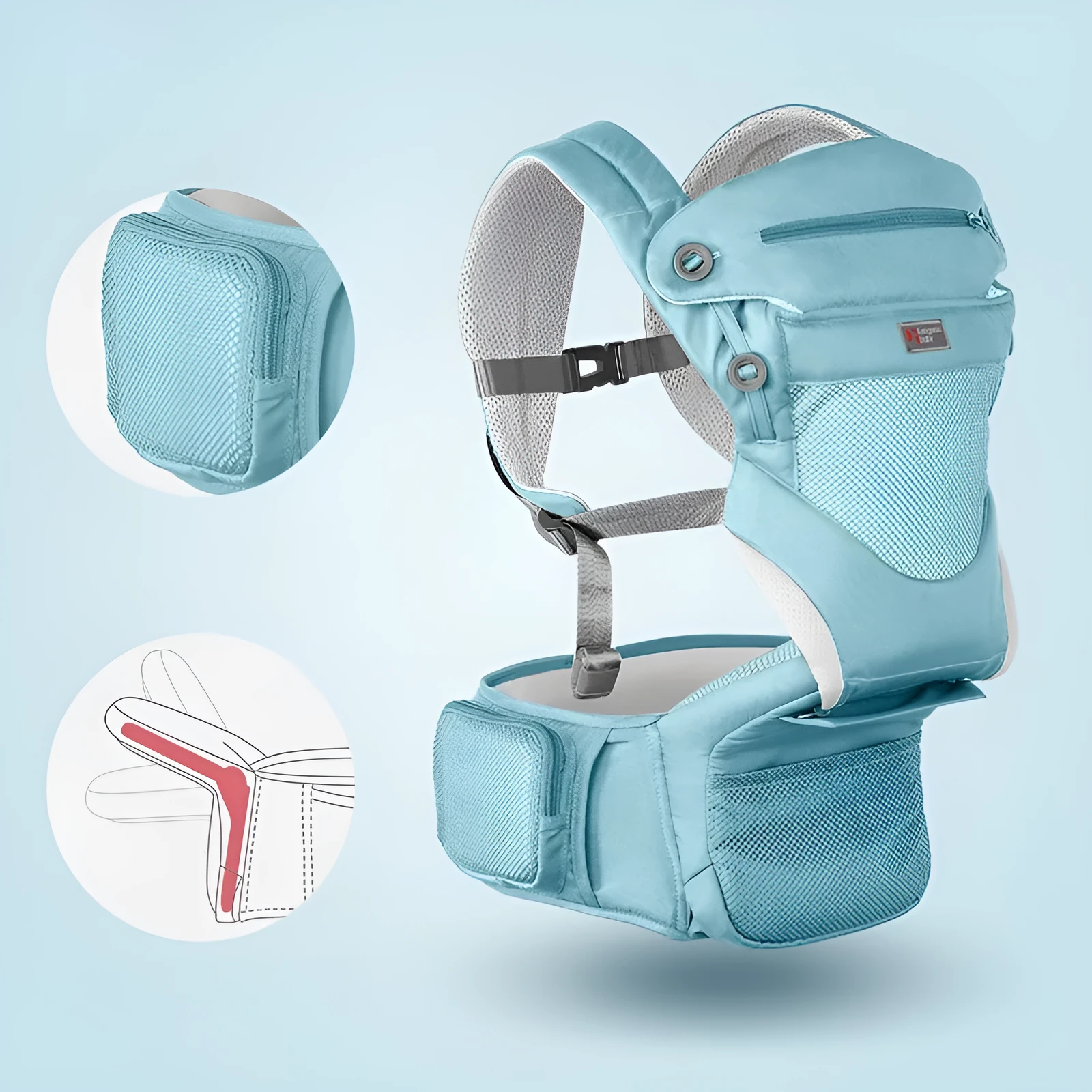 Multi-functional baby waist stool in Advanced Grey, cotton fabric, folded on waist band, for ages 0-36 months