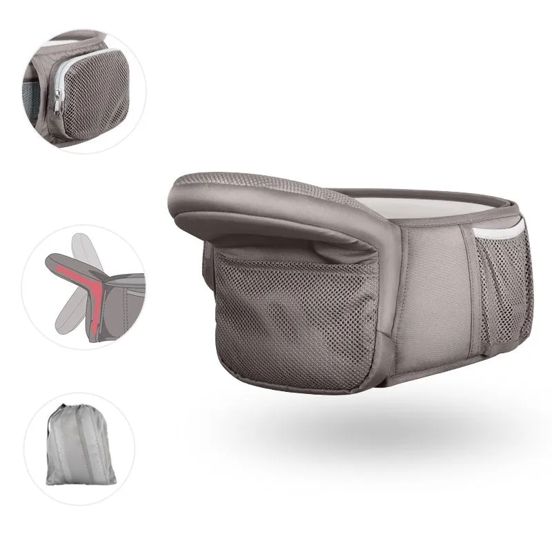 Multi-functional baby waist stool in Advanced Grey, cotton fabric, folded on waist band, for ages 0-36 months