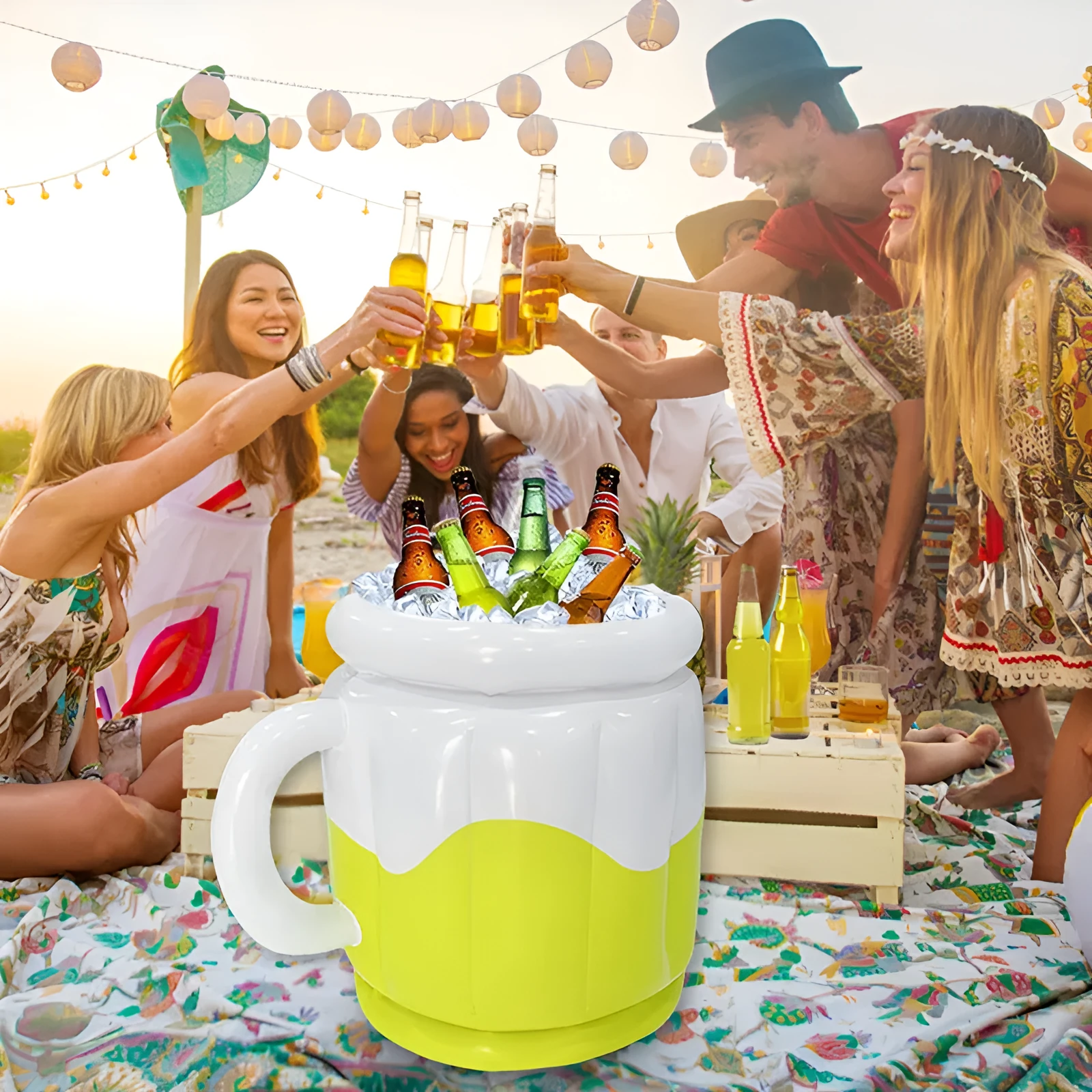 Yellow inflatable PVC ice bucket for beer steins, suitable for parties and outdoor events