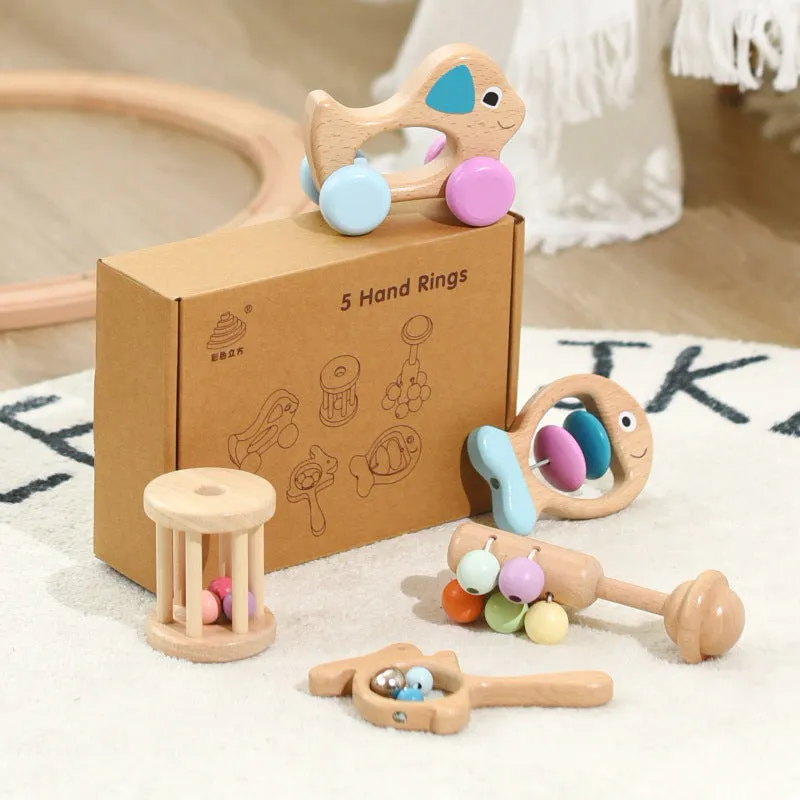 Wooden baby five piece colour ring toy set with ringing toys in leather box for early education