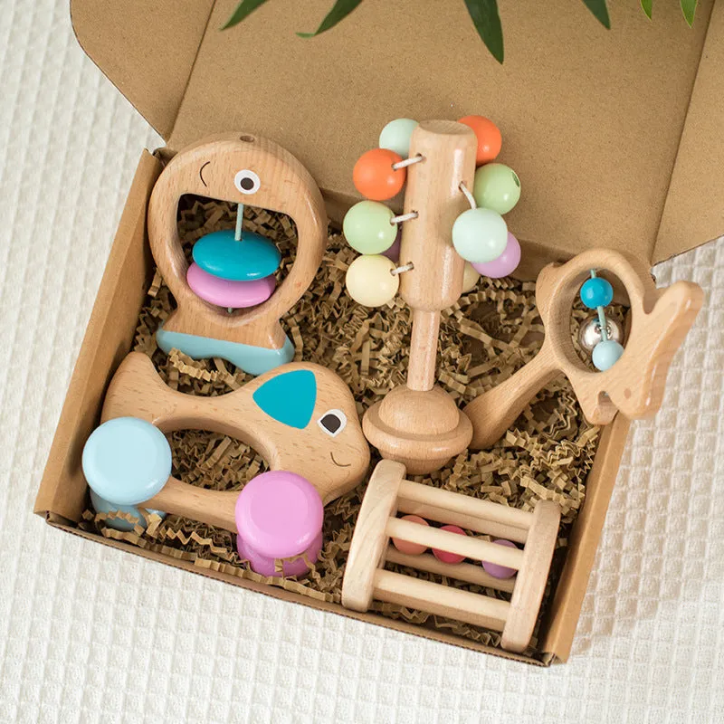 Wooden baby five piece colour ring toy set with ringing toys in leather box for early education