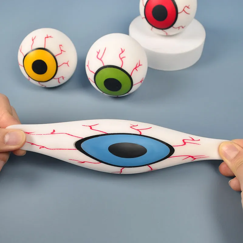 Flour eye ball stress toy made of TPR, 6cm diameter, random colour, on a plain background.