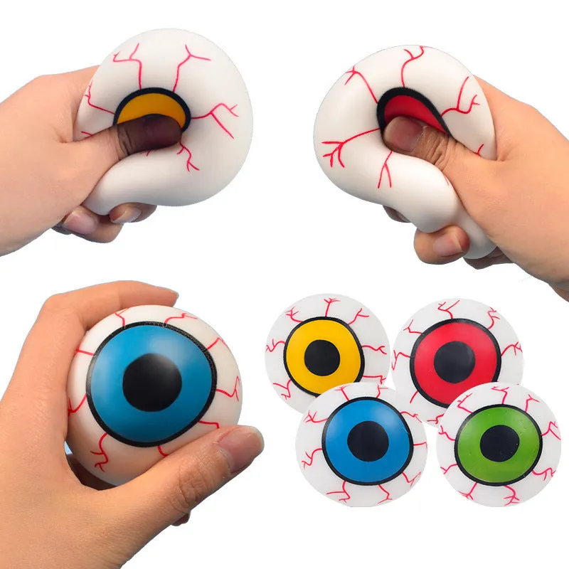 Flour eye ball stress toy made of TPR, 6cm diameter, random colour, on a plain background.