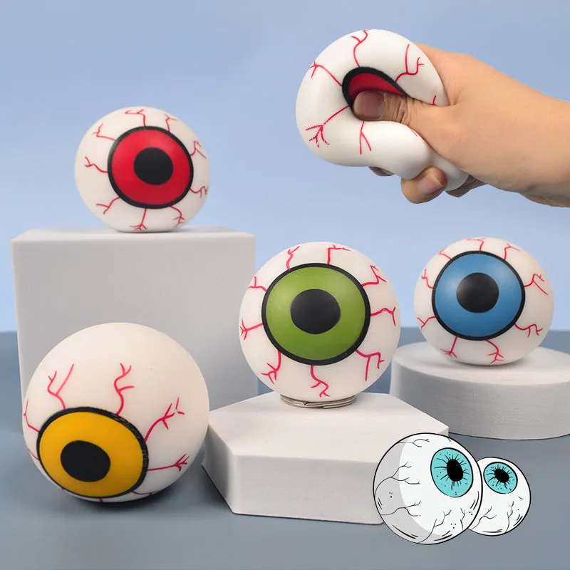 Flour eye ball stress toy made of TPR, 6cm diameter, random colour, on a plain background.