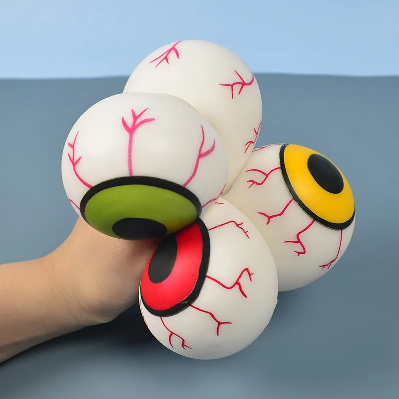 Flour eye ball stress toy made of TPR, 6cm diameter, random colour, on a plain background.