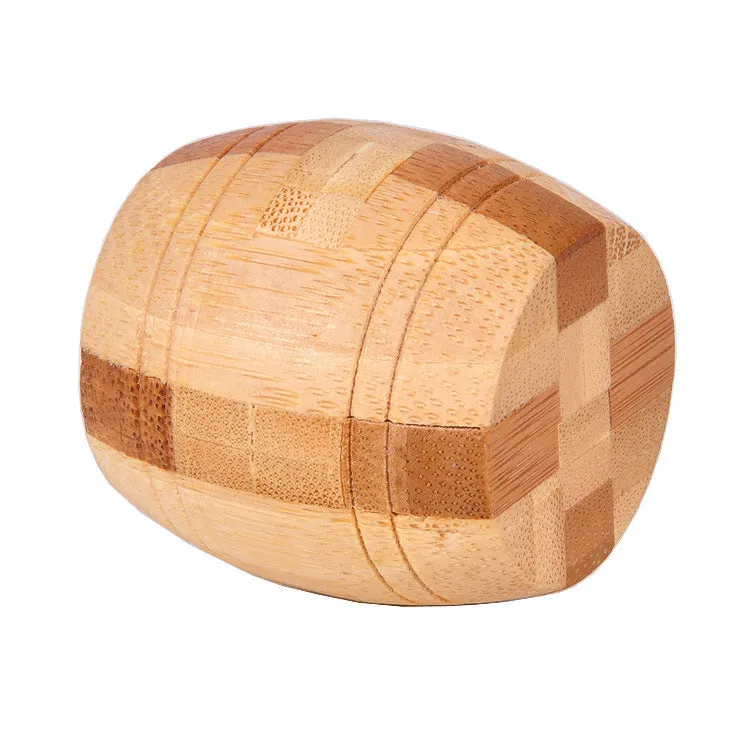 Wooden Kongming lock puzzle 4.5cm cube in natural wood with colourful interlocking pieces
