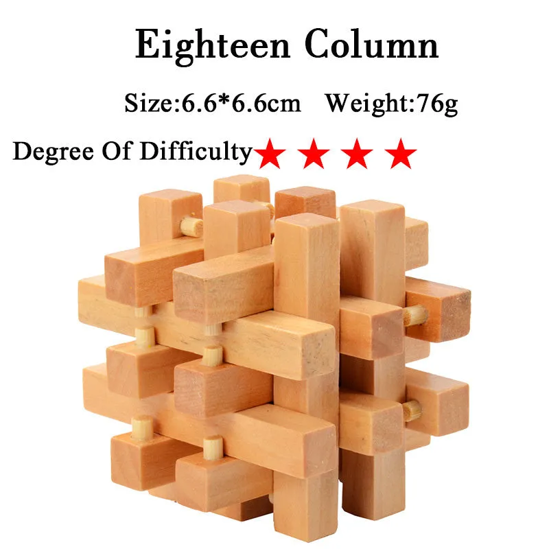 Wooden Kongming lock puzzle 4.5cm cube in natural wood with colourful interlocking pieces