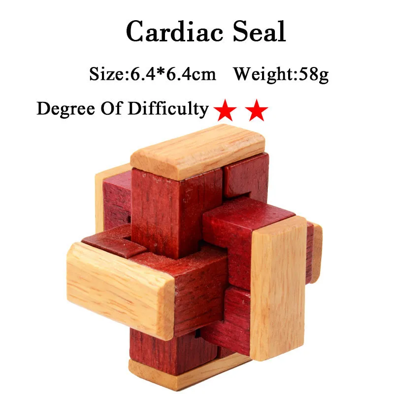 Wooden Kongming lock puzzle 4.5cm cube in natural wood with colourful interlocking pieces