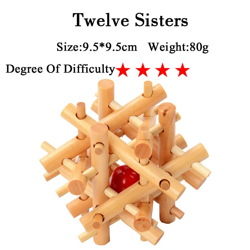 Wooden Kongming lock puzzle 4.5cm cube in natural wood with colourful interlocking pieces