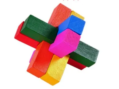 Wooden Kongming lock puzzle 4.5cm cube in natural wood with colourful interlocking pieces