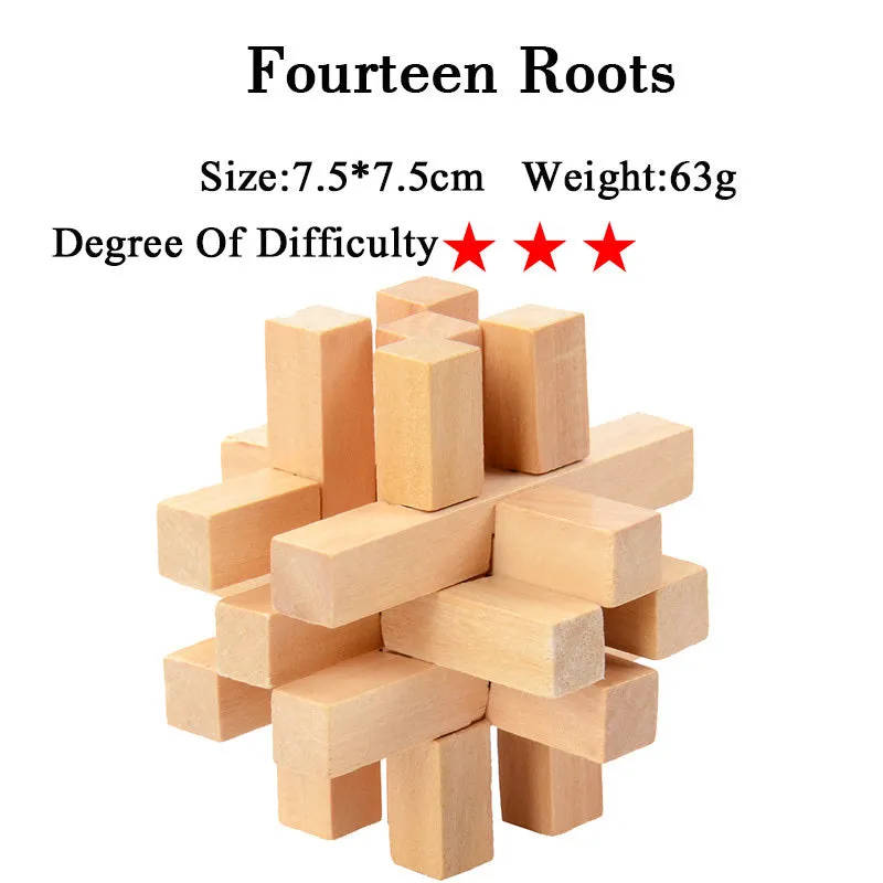 Wooden Kongming lock puzzle 4.5cm cube in natural wood with colourful interlocking pieces