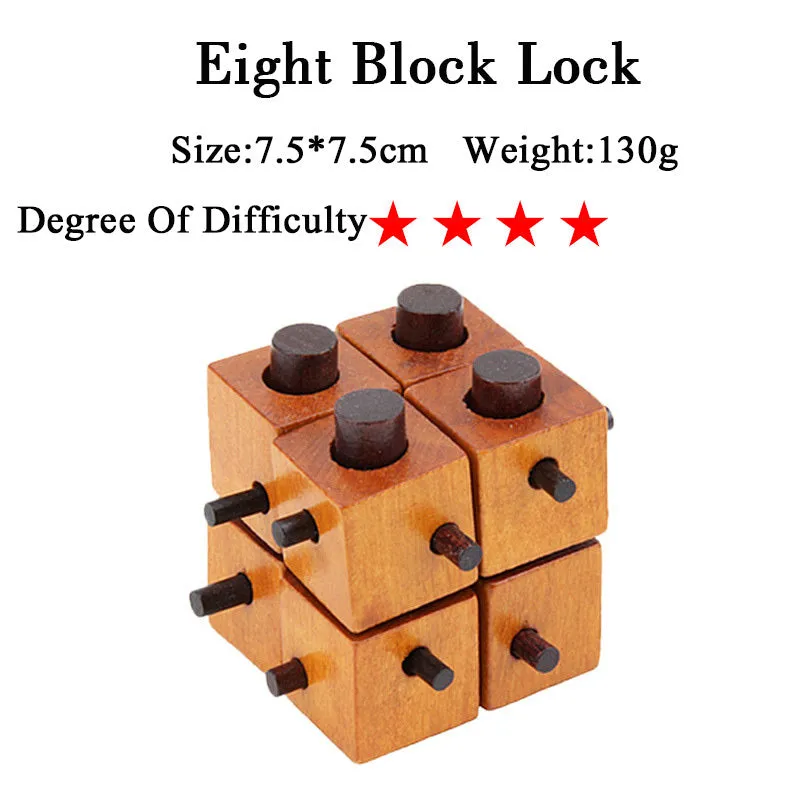 Wooden Kongming lock puzzle 4.5cm cube in natural wood with colourful interlocking pieces