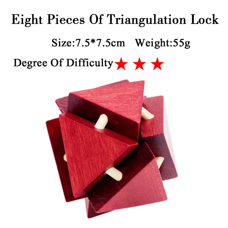 Wooden Kongming lock puzzle 4.5cm cube in natural wood with colourful interlocking pieces