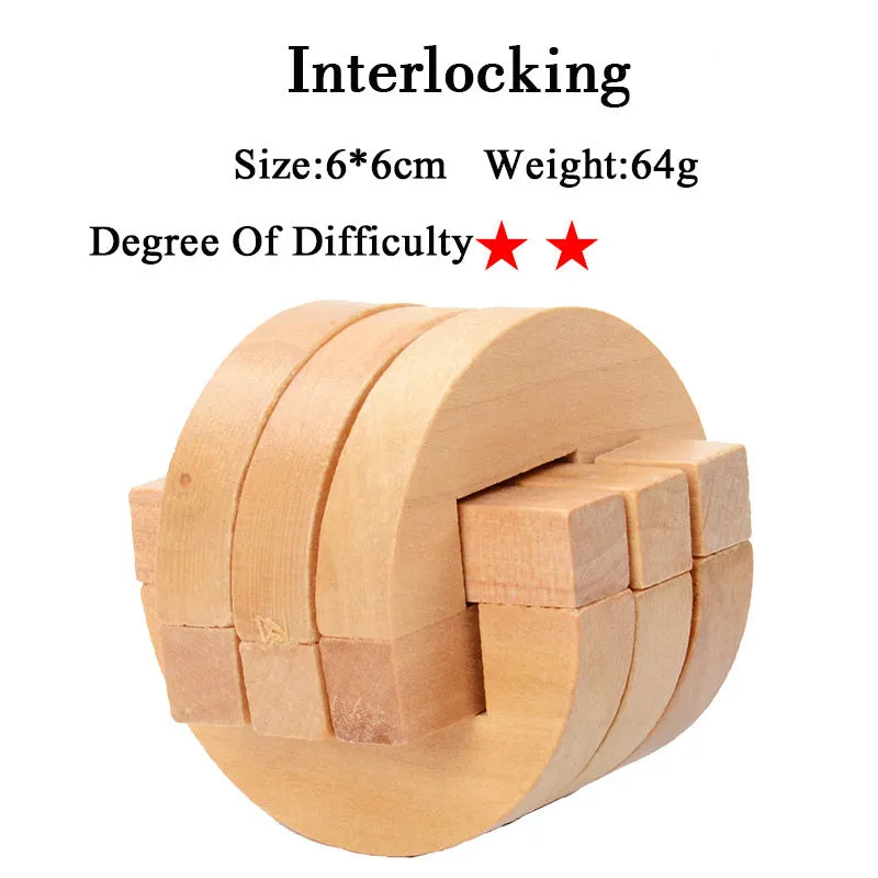 Wooden Kongming lock puzzle 4.5cm cube in natural wood with colourful interlocking pieces