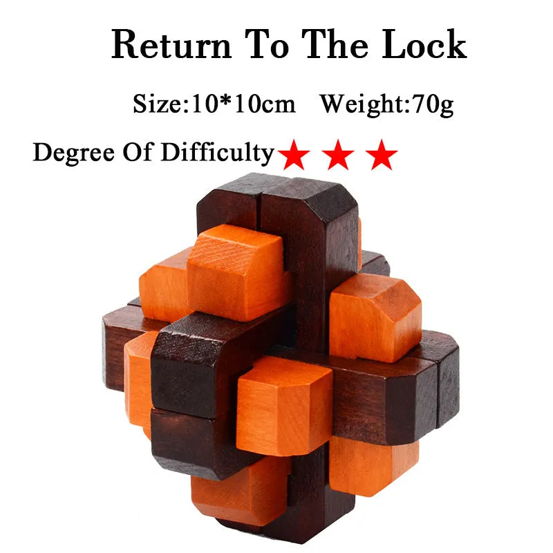 Wooden Kongming lock puzzle 4.5cm cube in natural wood with colourful interlocking pieces