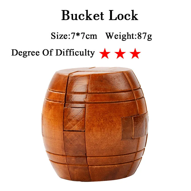 Wooden Kongming lock puzzle 4.5cm cube in natural wood with colourful interlocking pieces