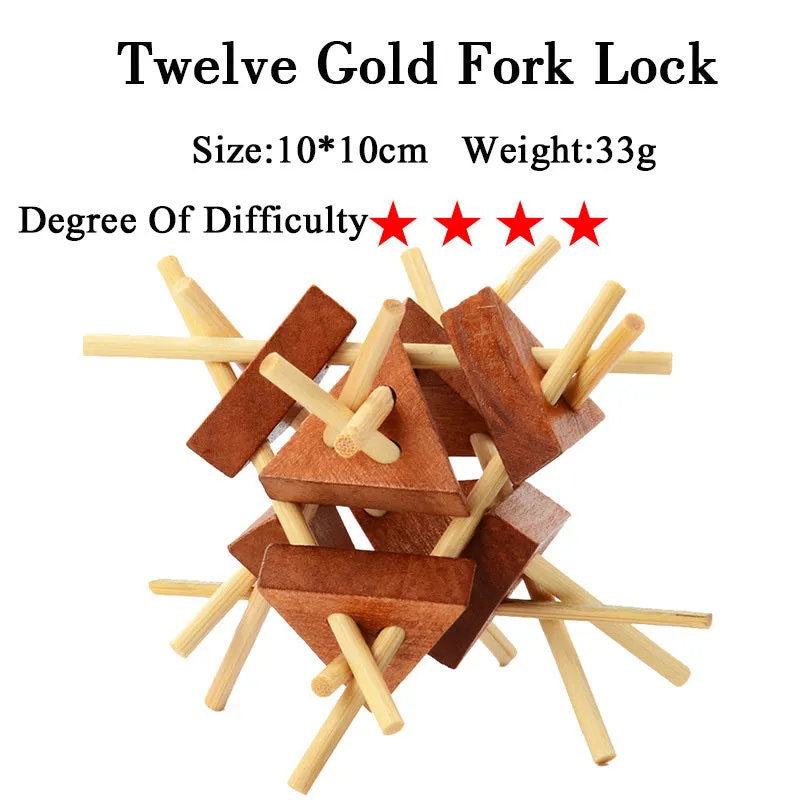 Wooden Kongming lock puzzle 4.5cm cube in natural wood with colourful interlocking pieces