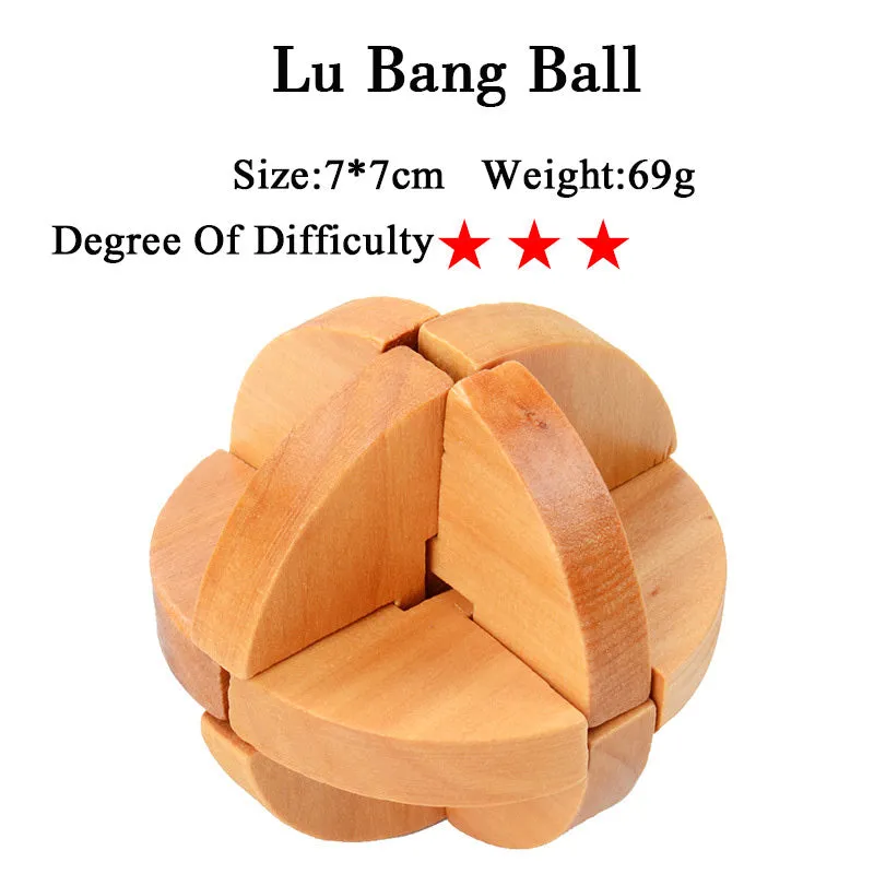 Wooden Kongming lock puzzle 4.5cm cube in natural wood with colourful interlocking pieces