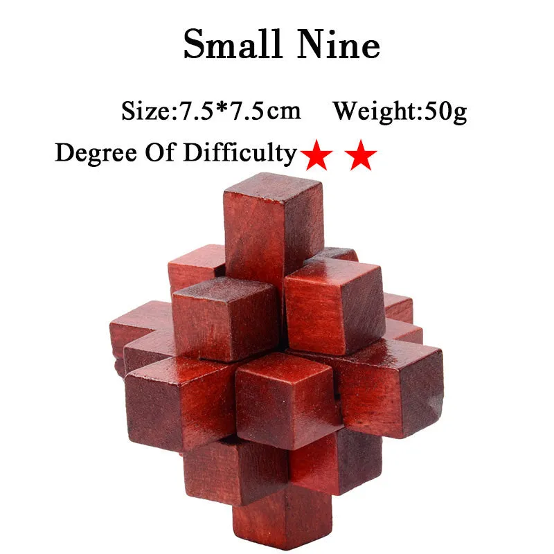 Wooden Kongming lock puzzle 4.5cm cube in natural wood with colourful interlocking pieces