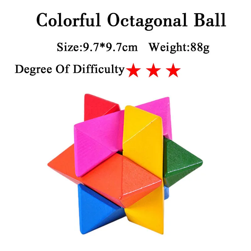Wooden Kongming lock puzzle 4.5cm cube in natural wood with colourful interlocking pieces
