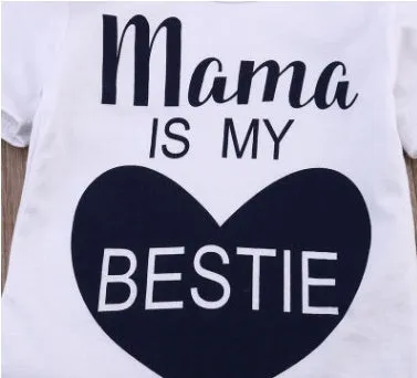 White baby romper with black 'Mama is my BESTIE' text print on front