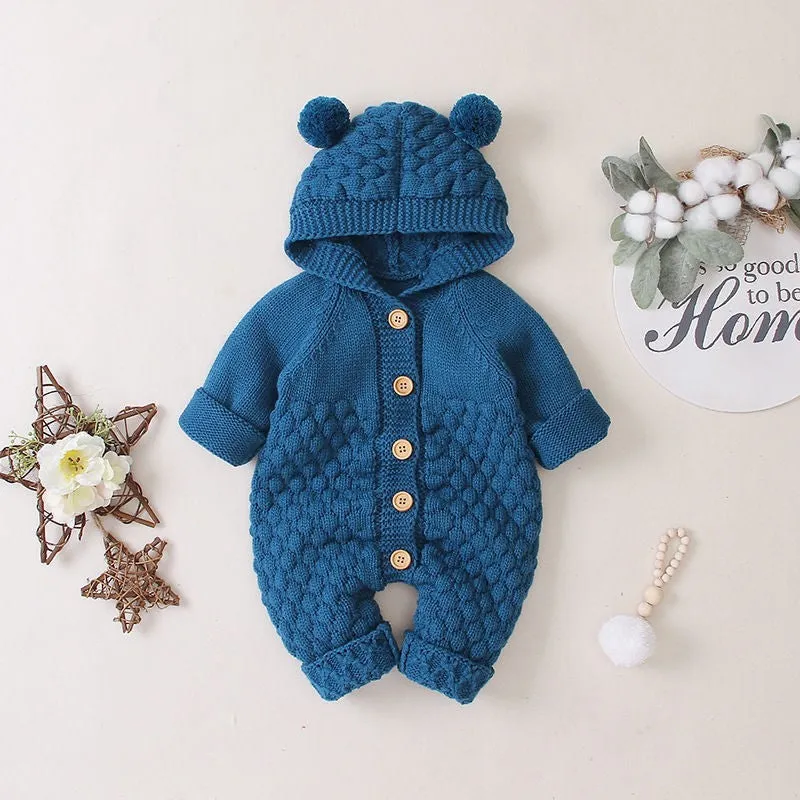 Baby knitted cotton romper, sleeveless hooded, light blue, sizes 66-100cm, Class A safety