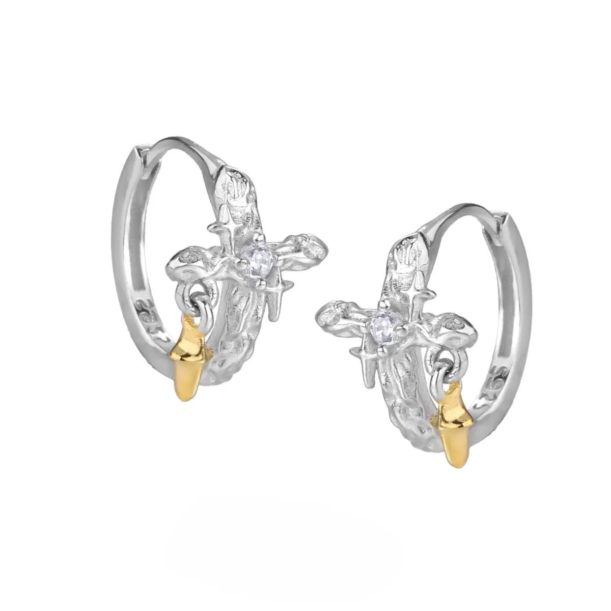 Geometric cross earrings in 925 silver with white gold colour electroplating finish
