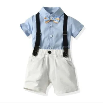 Boy's cotton trouser suit set with jacket and trousers in blue, showing front view