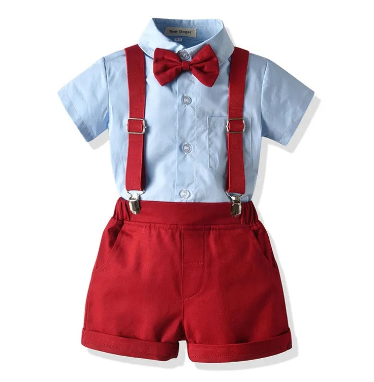 Boy's cotton trouser suit set with jacket and trousers in blue, showing front view