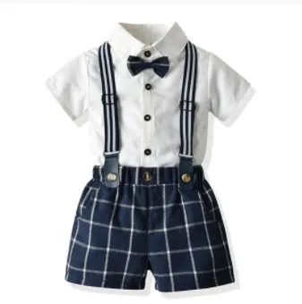 Boy's cotton trouser suit set with jacket and trousers in blue, showing front view