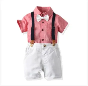 Boy's cotton trouser suit set with jacket and trousers in blue, showing front view