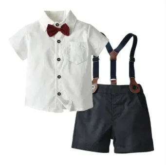 Boy's cotton trouser suit set with jacket and trousers in blue, showing front view