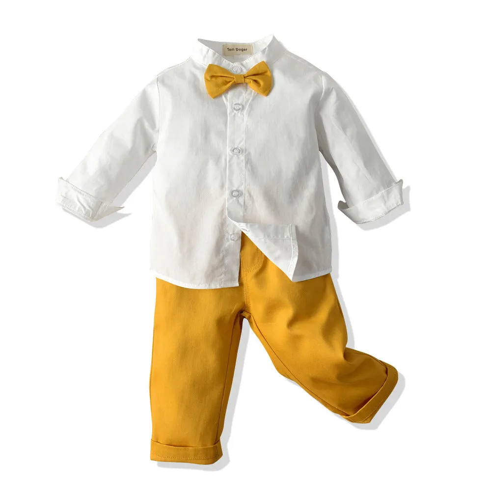 Boy's cotton trouser suit set with jacket and trousers in blue, showing front view