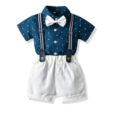 Boy's cotton trouser suit set with jacket and trousers in blue, showing front view