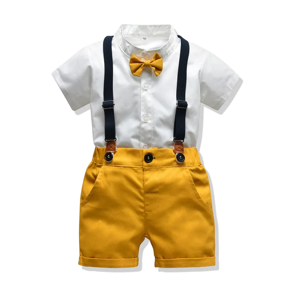 Boy's cotton trouser suit set with jacket and trousers in blue, showing front view