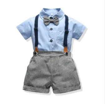 Boy's cotton trouser suit set with jacket and trousers in blue, showing front view