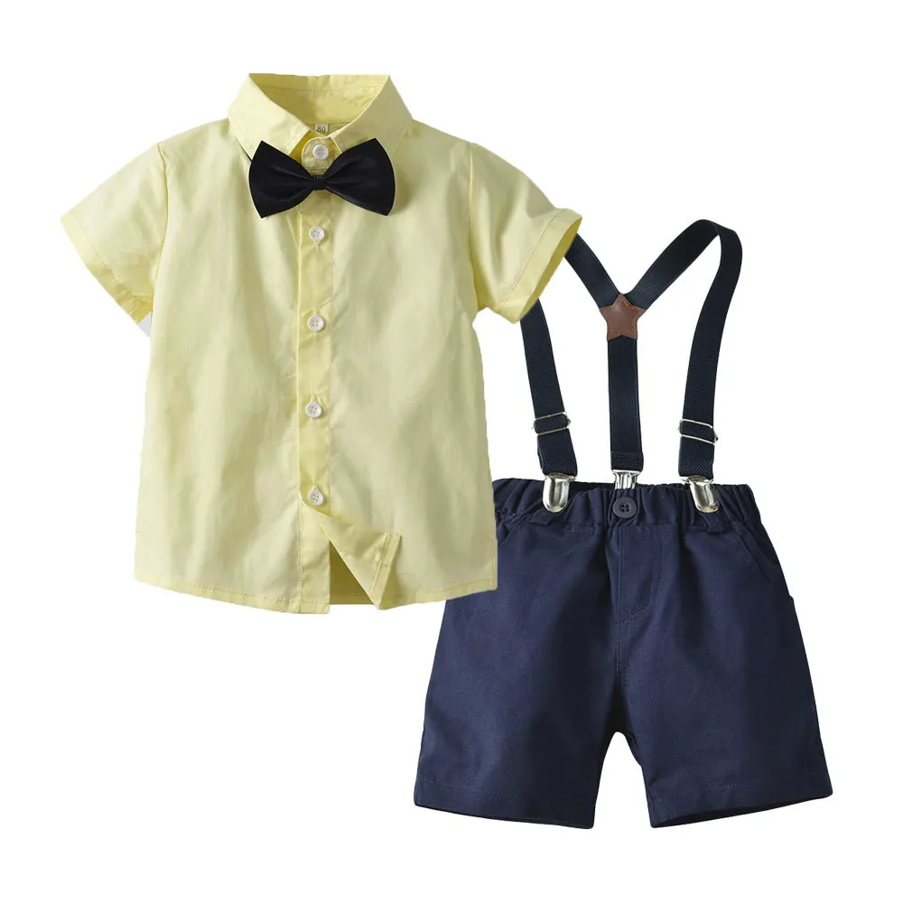 Boy's cotton trouser suit set with jacket and trousers in blue, showing front view