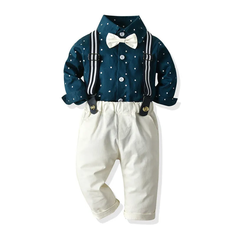 Boy's cotton trouser suit set with jacket and trousers in blue, showing front view