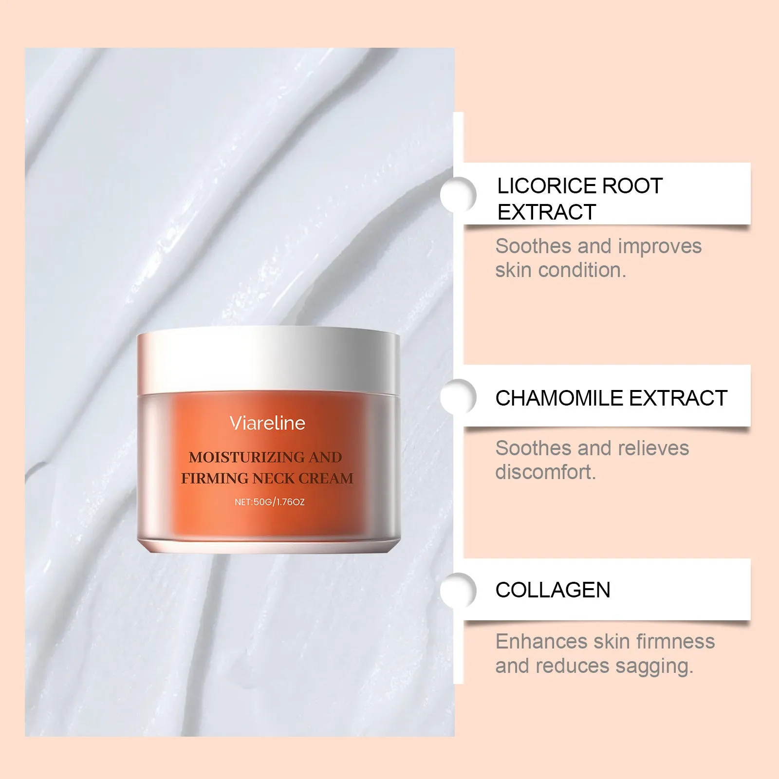 Neck moisturising cream in compact 6.3cm case with 50g content for daily contour care