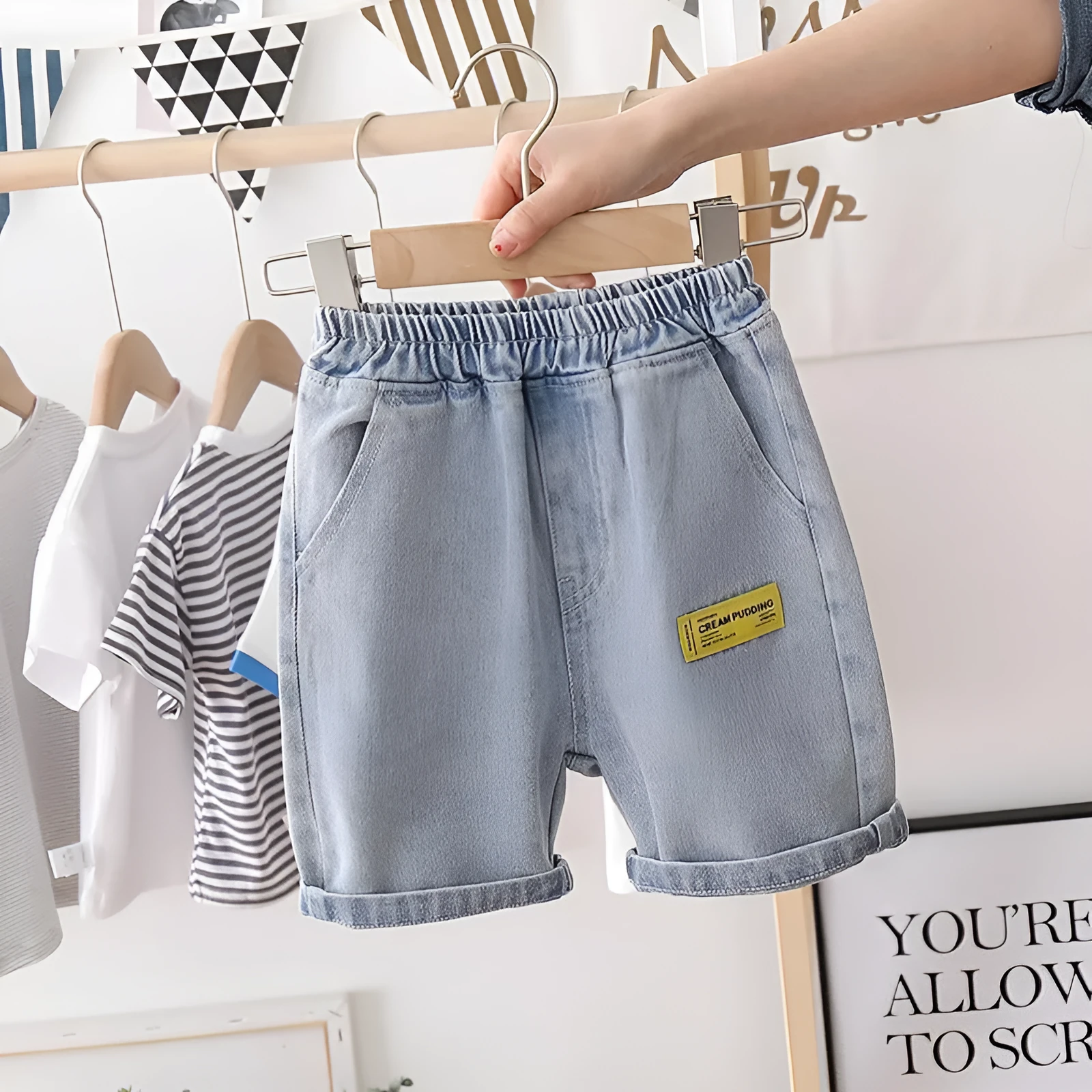 Boys casual cotton denim shorts in milk pudding blue, Asian sizes 90-150